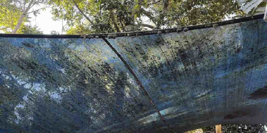 Before – blue outdoor park shade sail heavily covered in mould